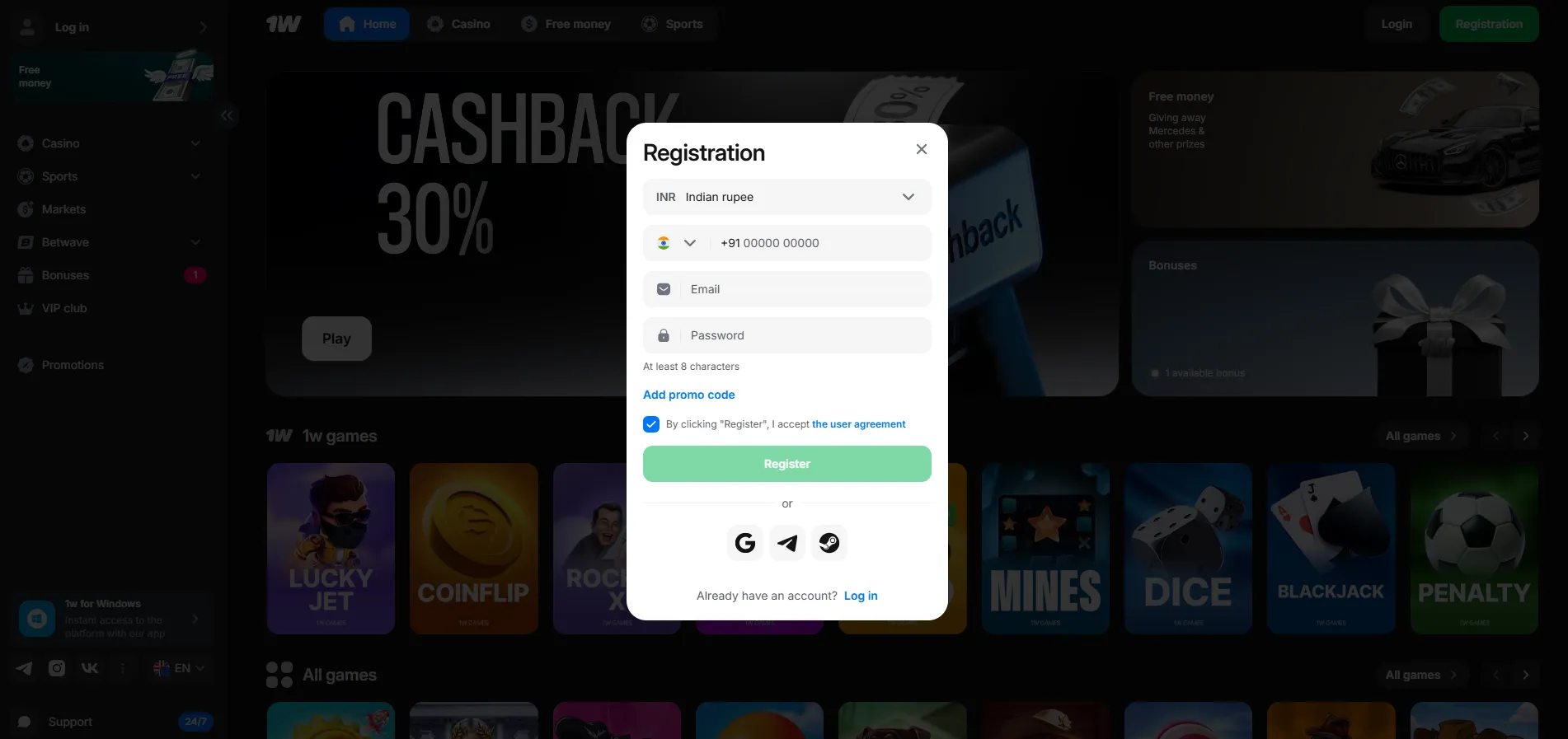 1win bet India registration and KYC